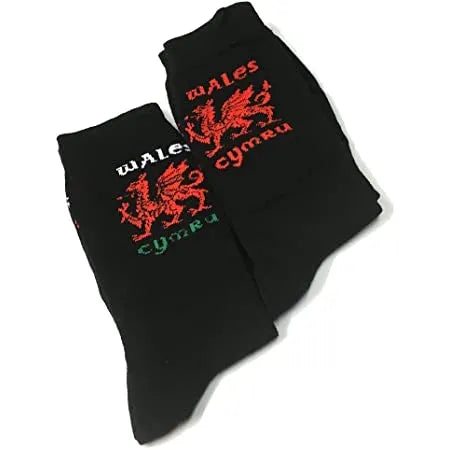 Mens Welsh Dragon Wales Cymru Black Socks (1 Pair)