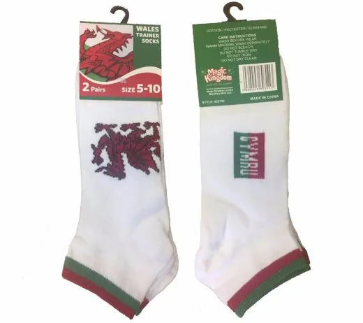 Welsh Dragon White Trainer Socks (2 Pairs)